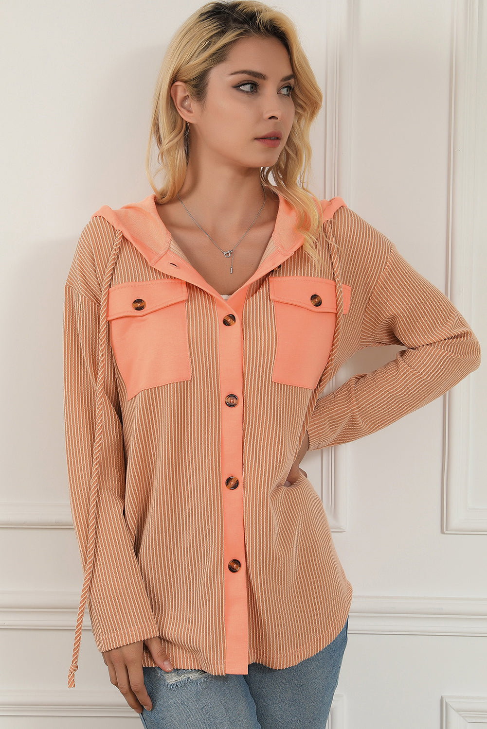 Apricot Flap Pockets Patchwork Hooded Ribbed Shacket