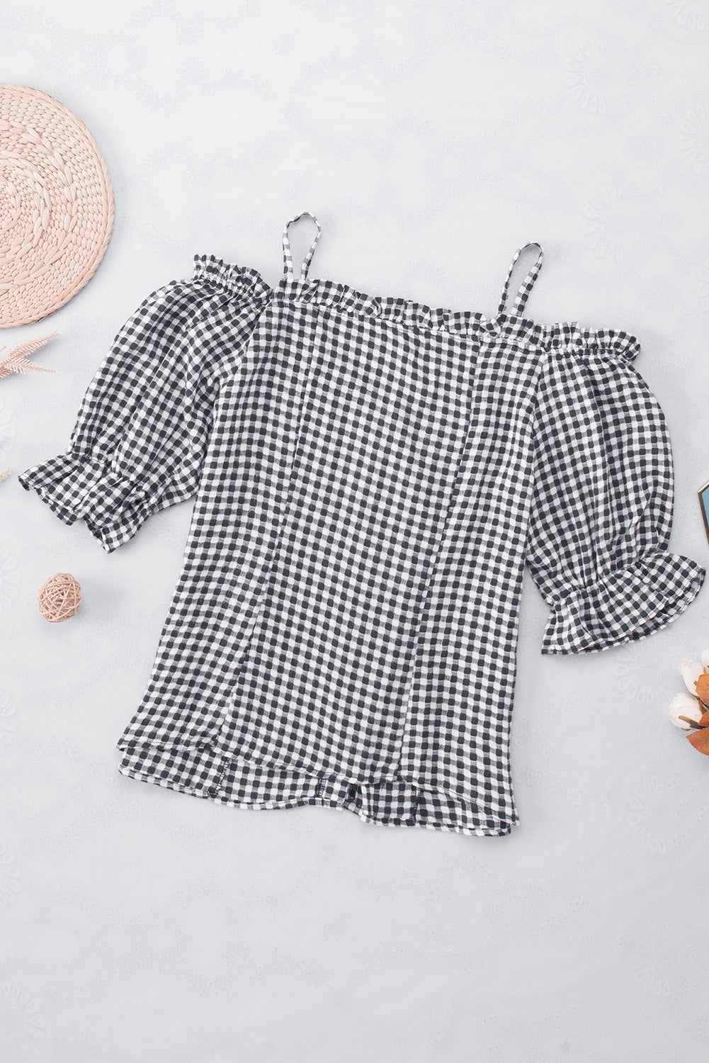 Black Sweetheart Gingham Button Down Cold Shoulder Blouse