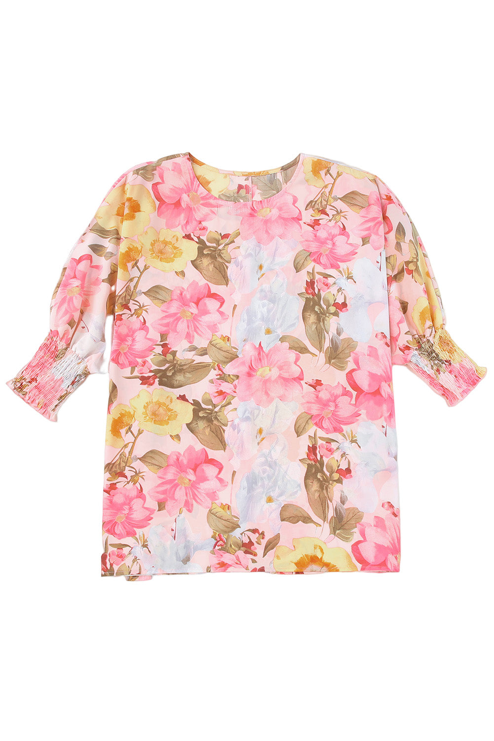 Rožnata ohlapna cvetlična bluza s 3/4 rokavi in ​​manšetami