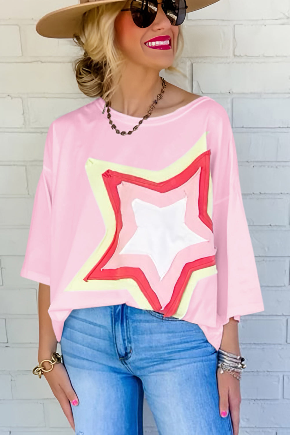 T-shirt oversize rose clair à manches mi-longues avec patch étoile color block