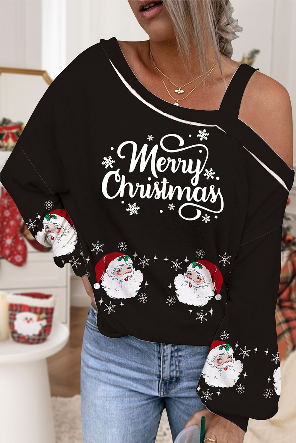 Schwarze One-Shoulder-Bluse mit „Merry Christmas“-Weihnachtsmann-Print