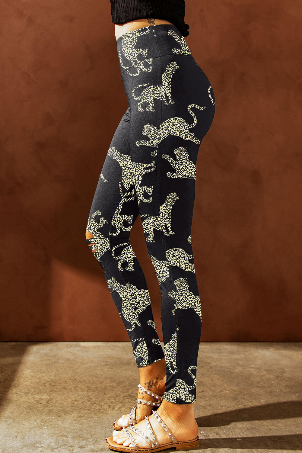 Leggings strappati con stampa ghepardo a vita alta stampati neri