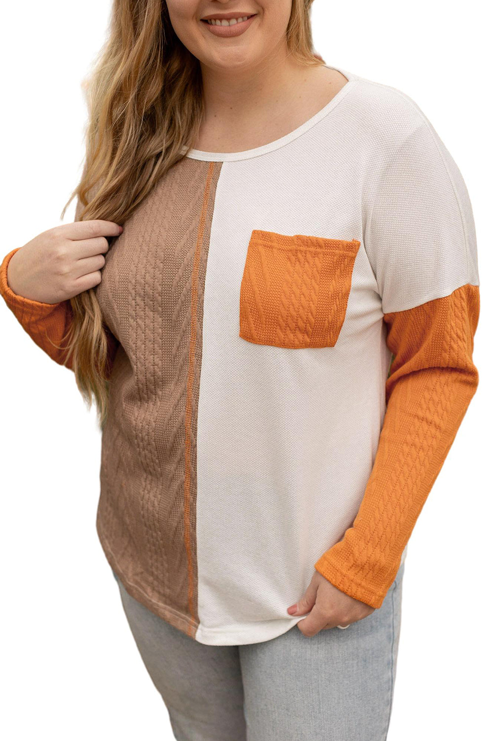 Chestnut Plus Size Color Block Textured Patchwork Top with Pocket