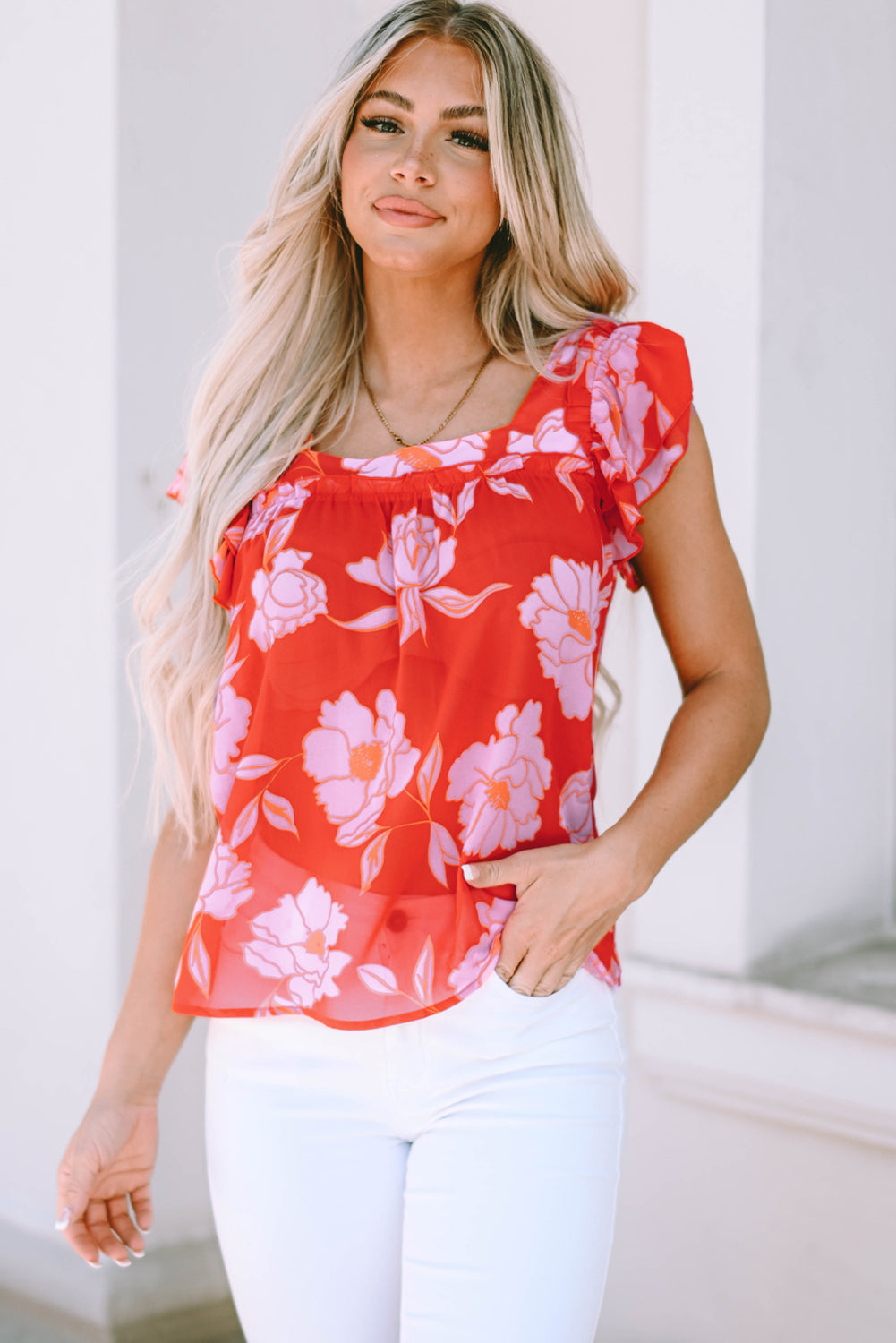 Fiery Red Floral Square Neck Ruffle Sleeve Blouse
