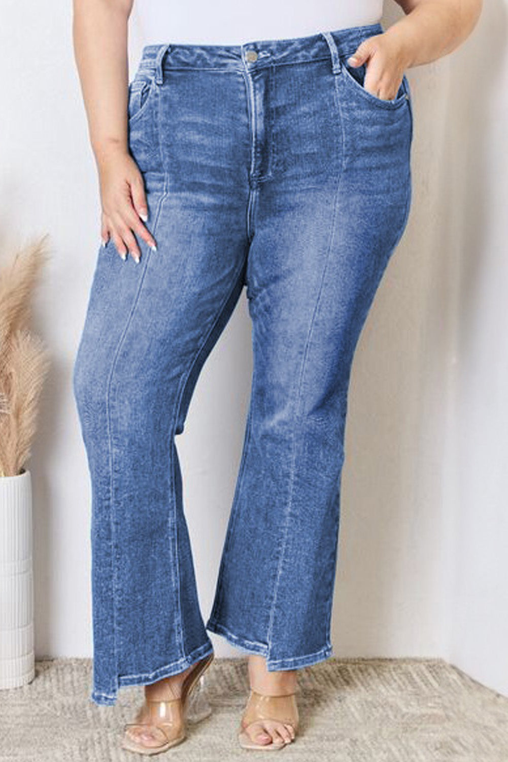 Blue Plus Size Exposed Seam High Waist Flare Jeans