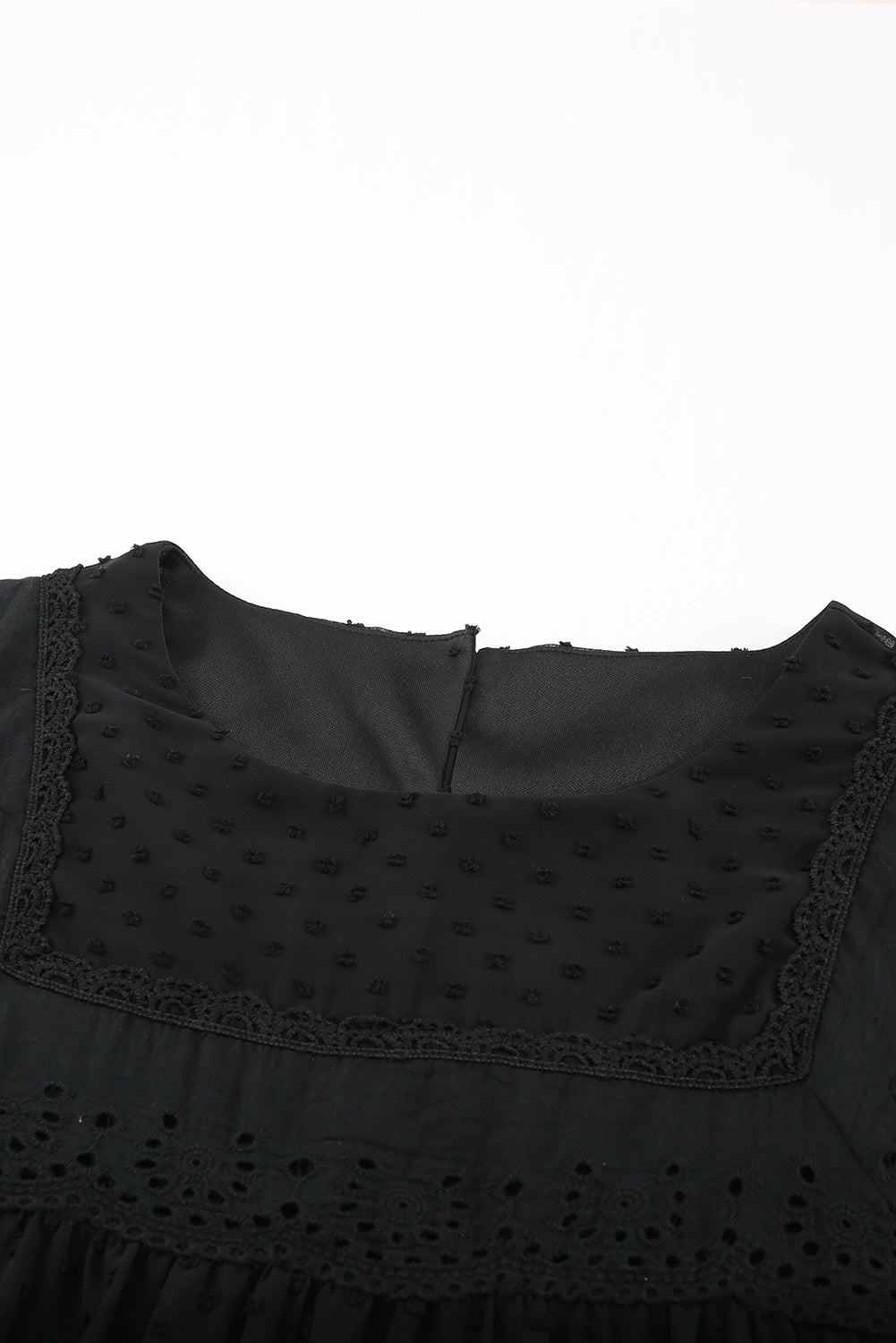 Schwarzes, transparentes, strukturiertes Babydoll-Oberteil mit Flatterärmeln