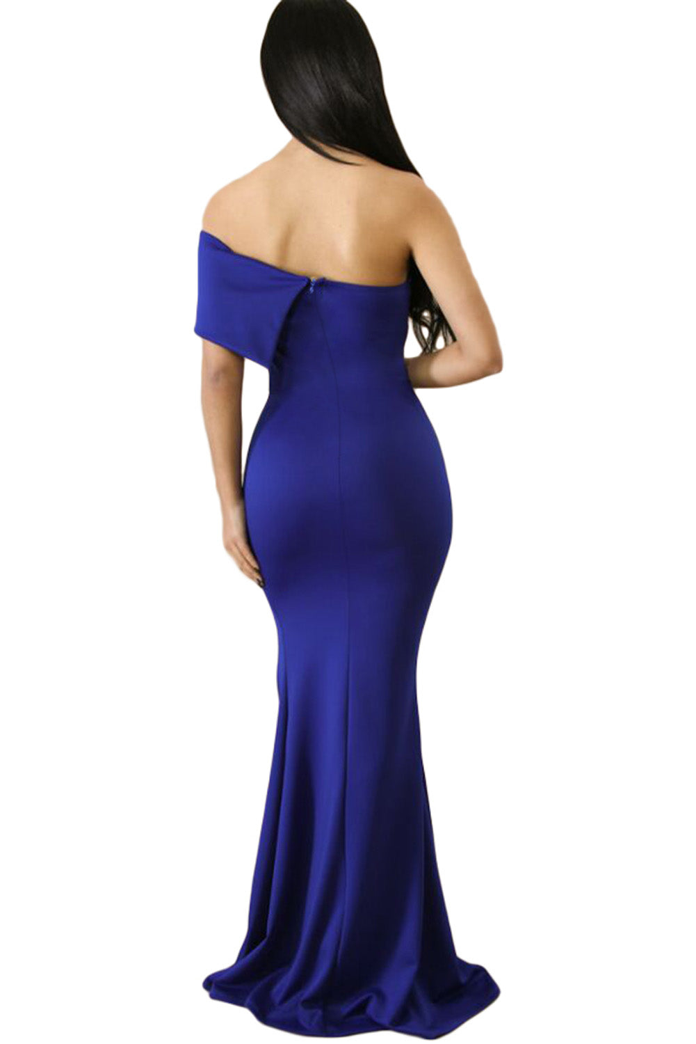 Plava maturalna haljina s jednim rukavom i jednim rukavom s otvorenim ramenima