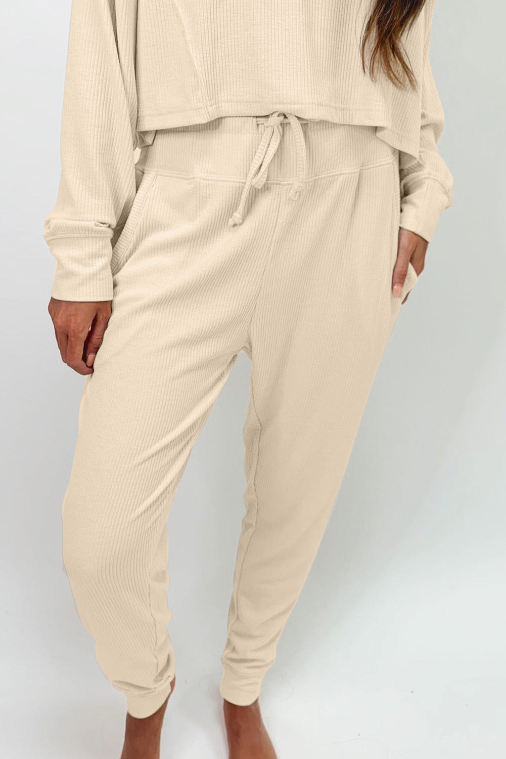 Set di pantaloni con coulisse a maniche lunghe a costine color albicocca