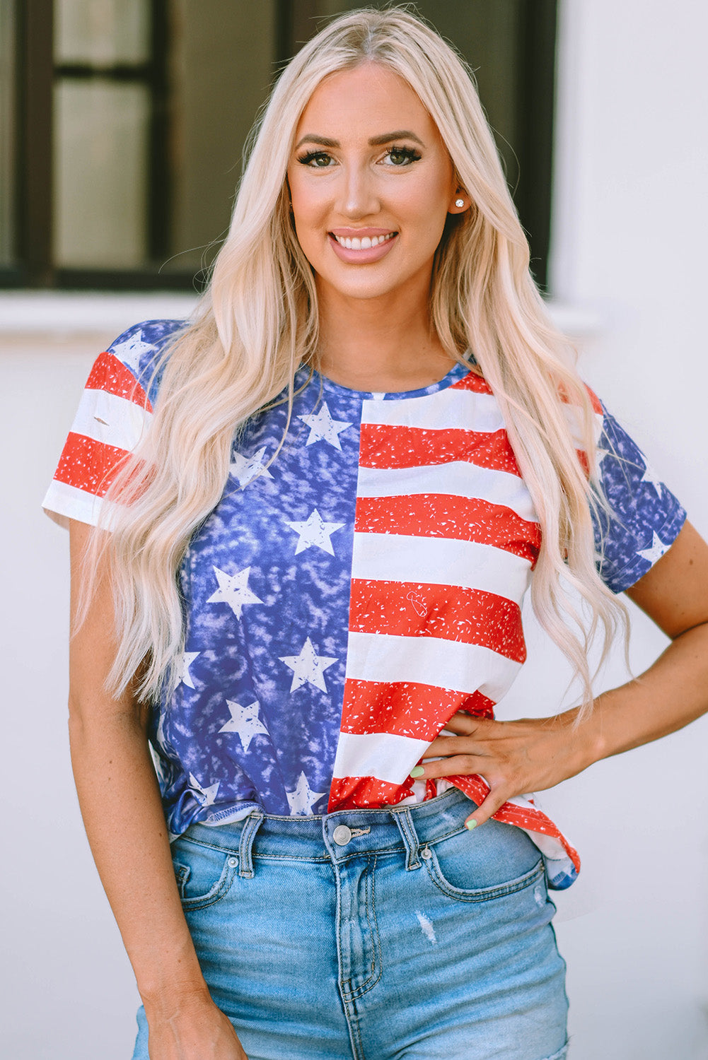 T-shirt à col rond effet vieilli à rayures et imprimé drapeau américain