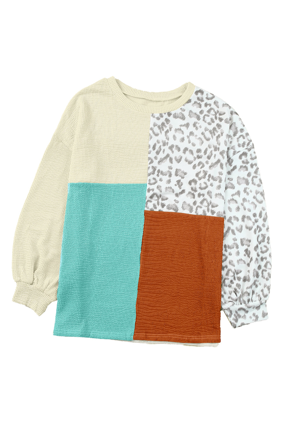 Khaki Leopard Patchwork Color Block Ribbed Long Sleeve Top
