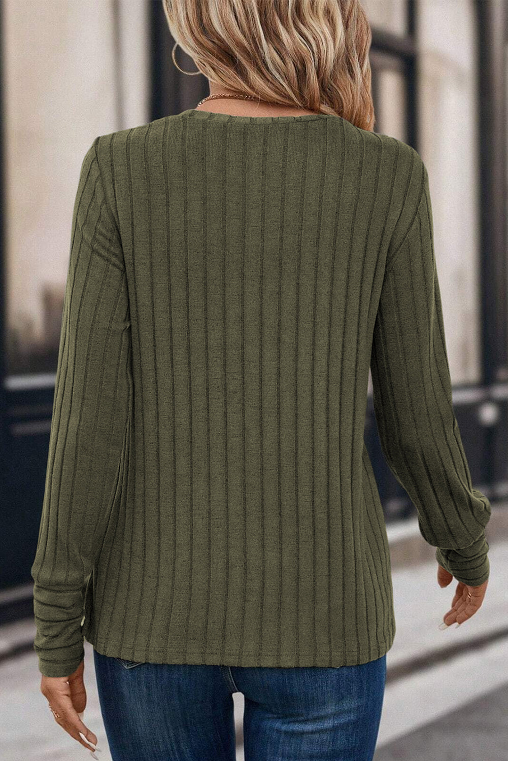 Haut à manches longues en tricot côtelé vert Duffel