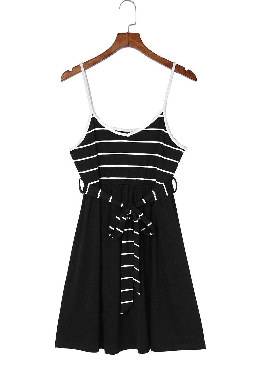Black Spaghetti Straps Striped Cami Dress with Sash