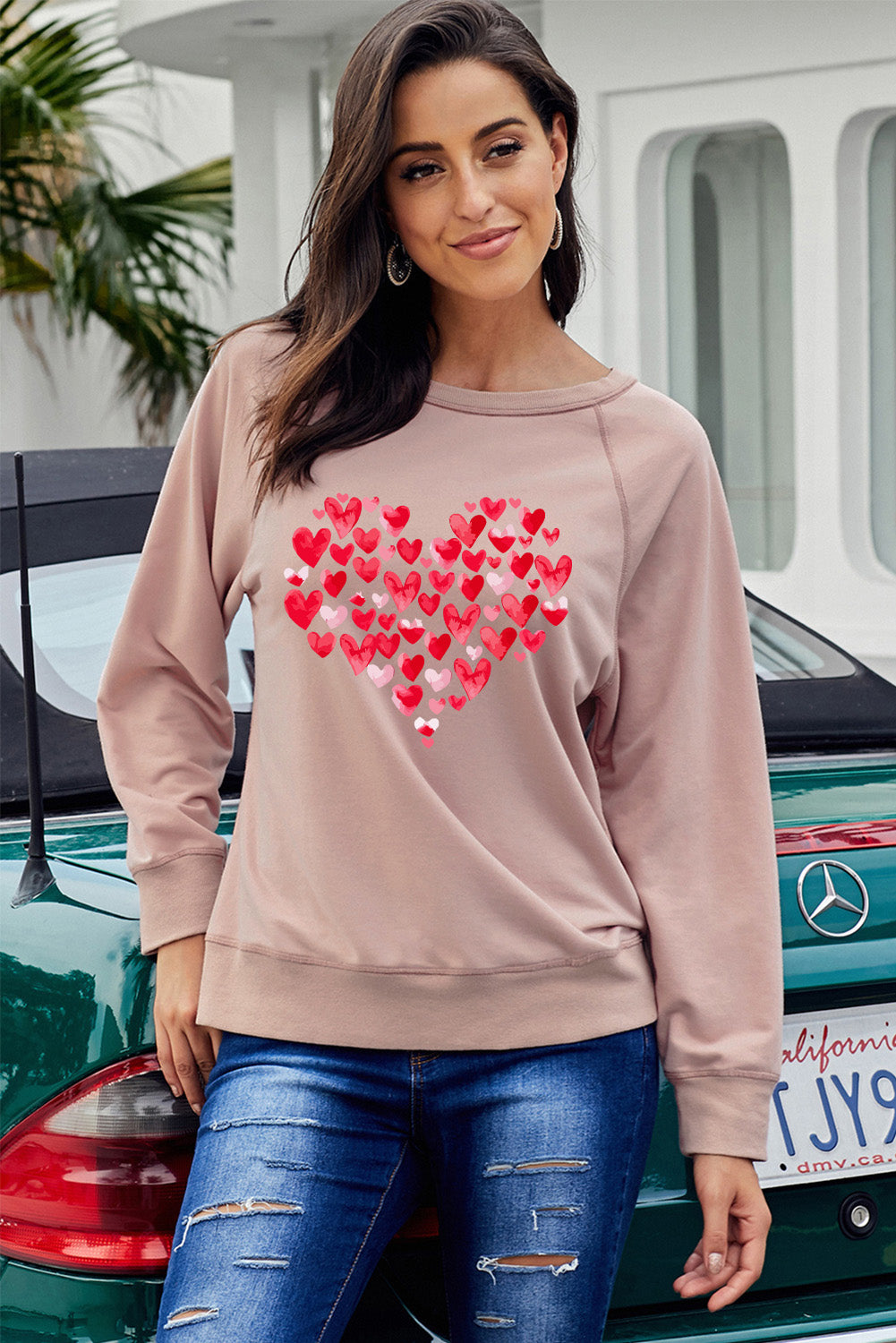 Pink Heart-shaped Print Crew Neck Long Sleeve Pullover Sweatshirt