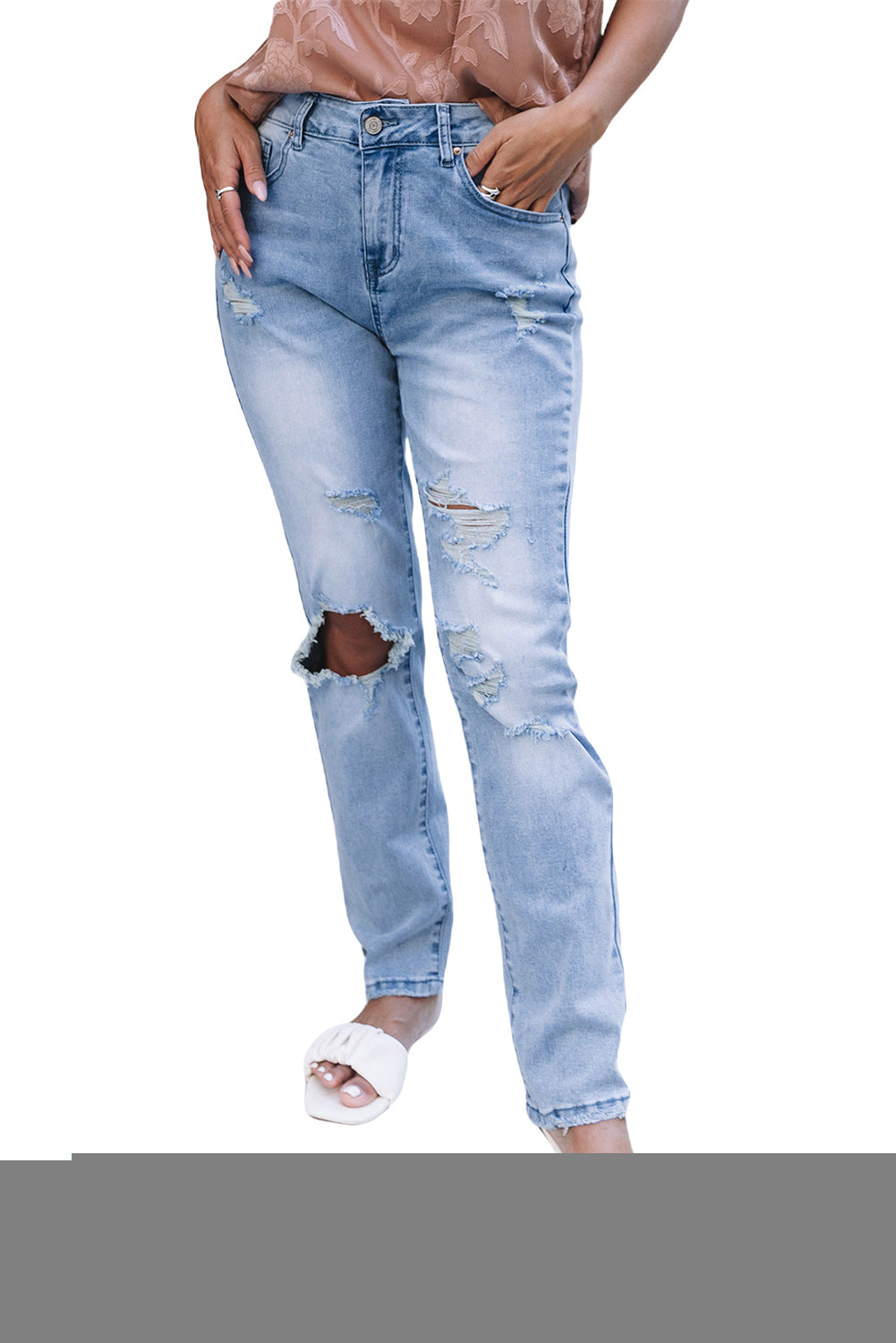 Light Blue Distressed Holes Straight Jeans