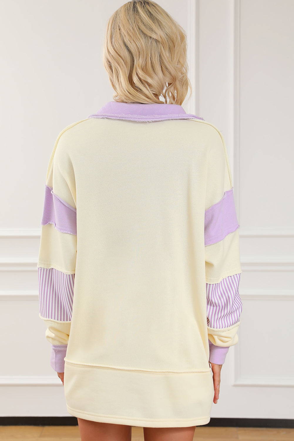 White Colorblock Striped Split Neck Collared Sweatshirt