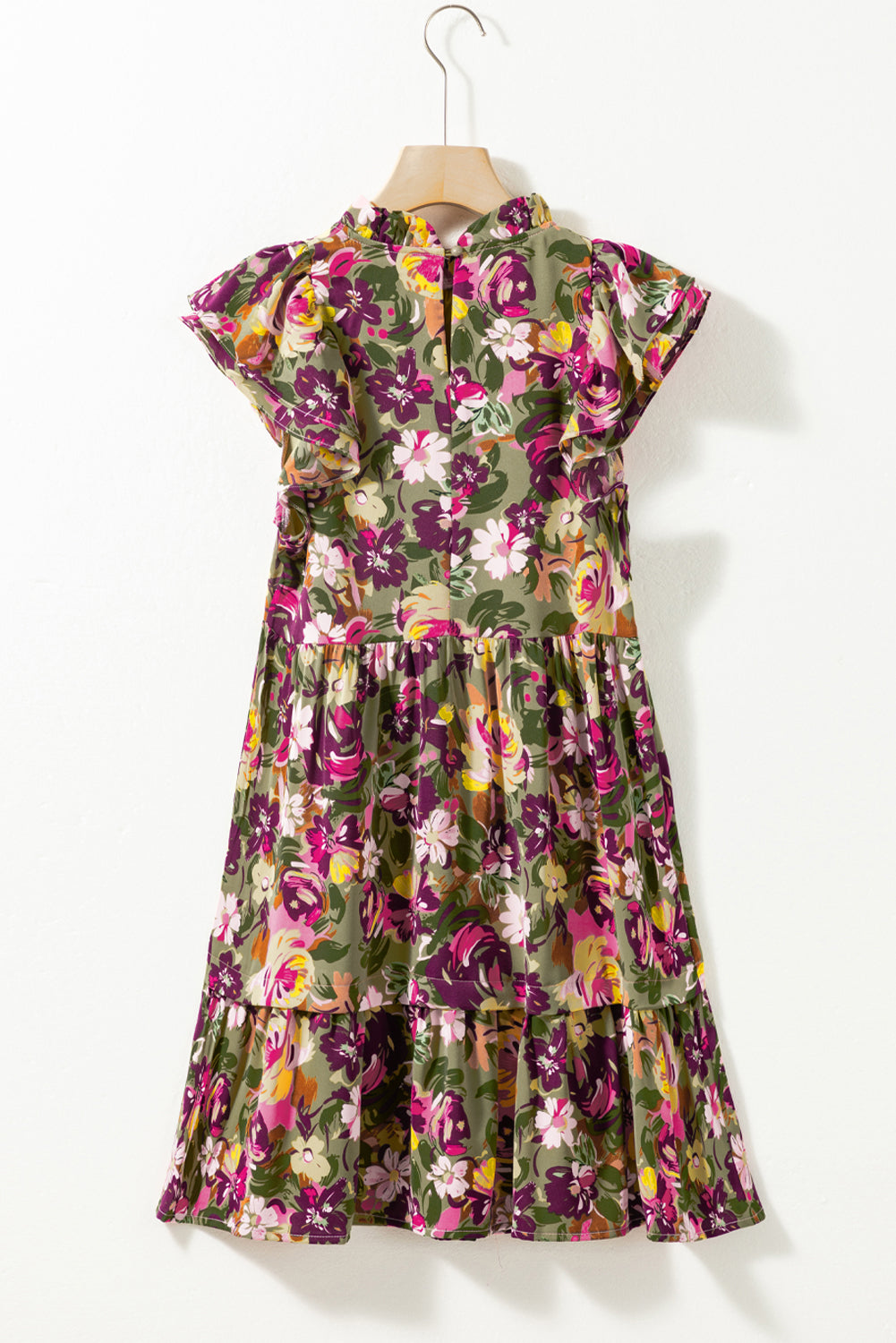 Mini-robe à imprimé floral froncé à manches flottantes et col à volants vert