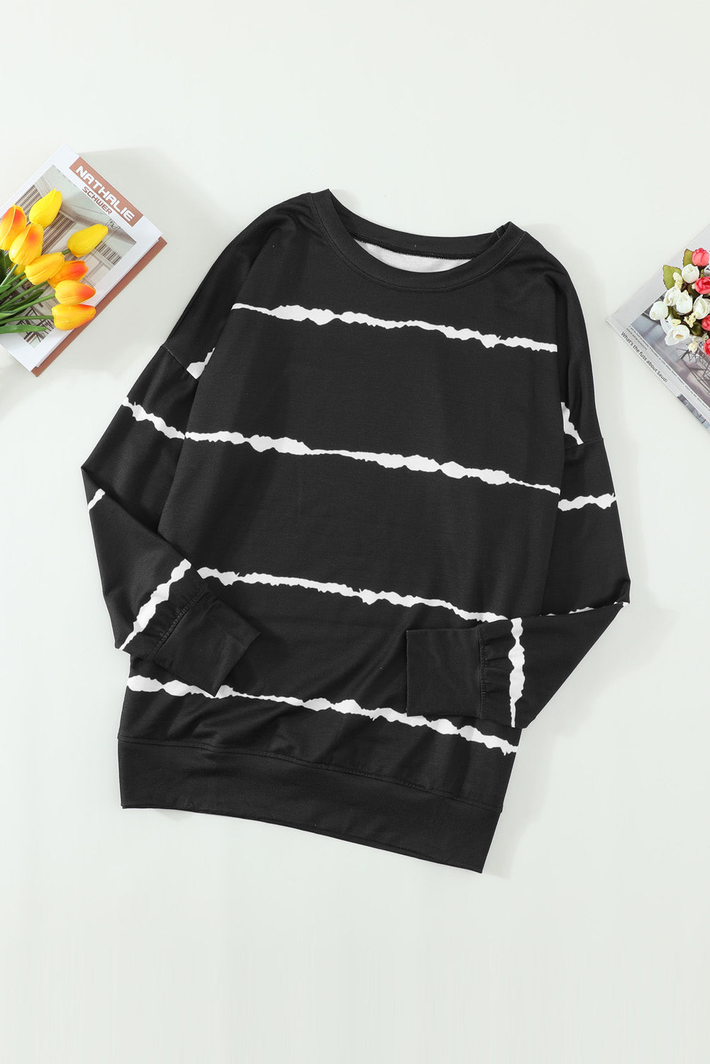 Schwarz gestreiftes, abstraktes, langärmliges Freizeit-Sweatshirt