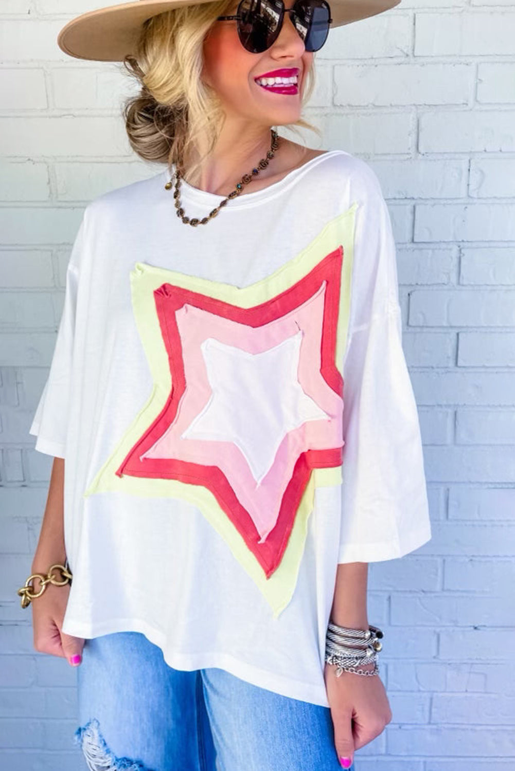 T-shirt oversize a mezza manica con stella colorblock bianca