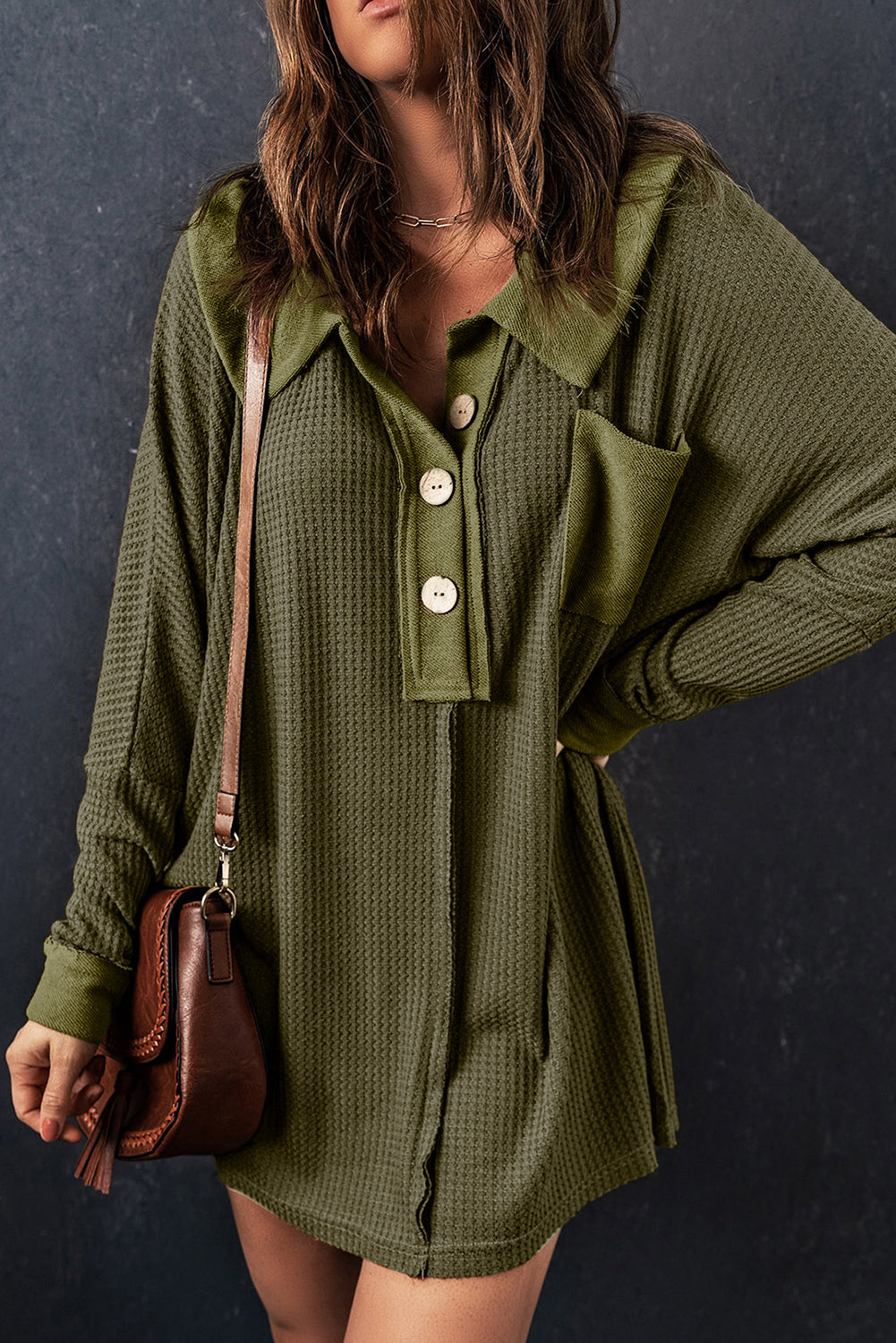 Haut boutonné à manches longues en tricot gaufré vert