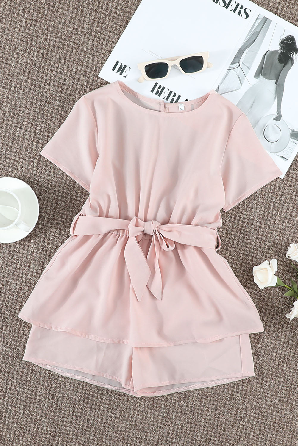 Pink Keyhole Back Belted Peplum Girls Romper