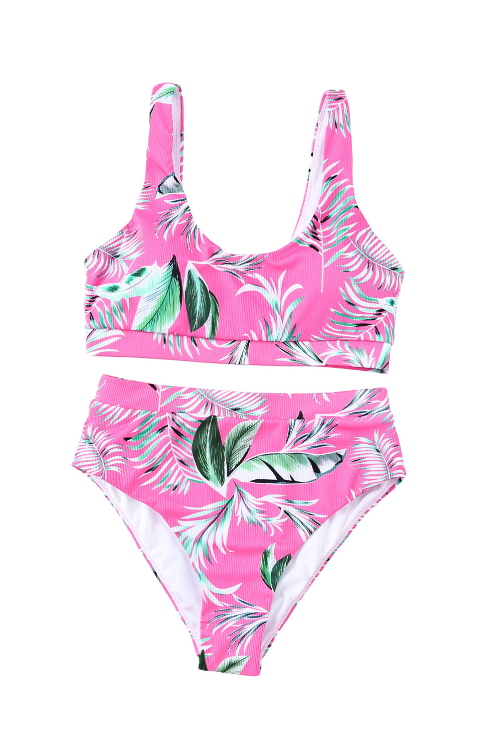 Bikini a vita alta a coste tropicali con scollo rotondo rosa