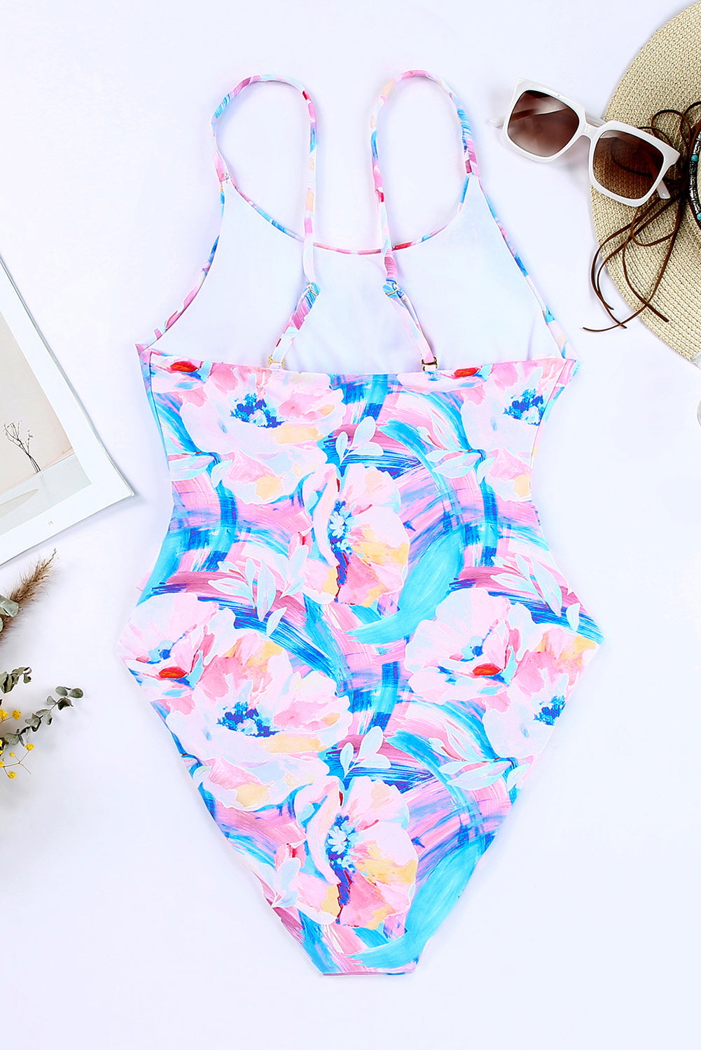 Maillot de bain une pièce taille haute à lacets et imprimé floral rose