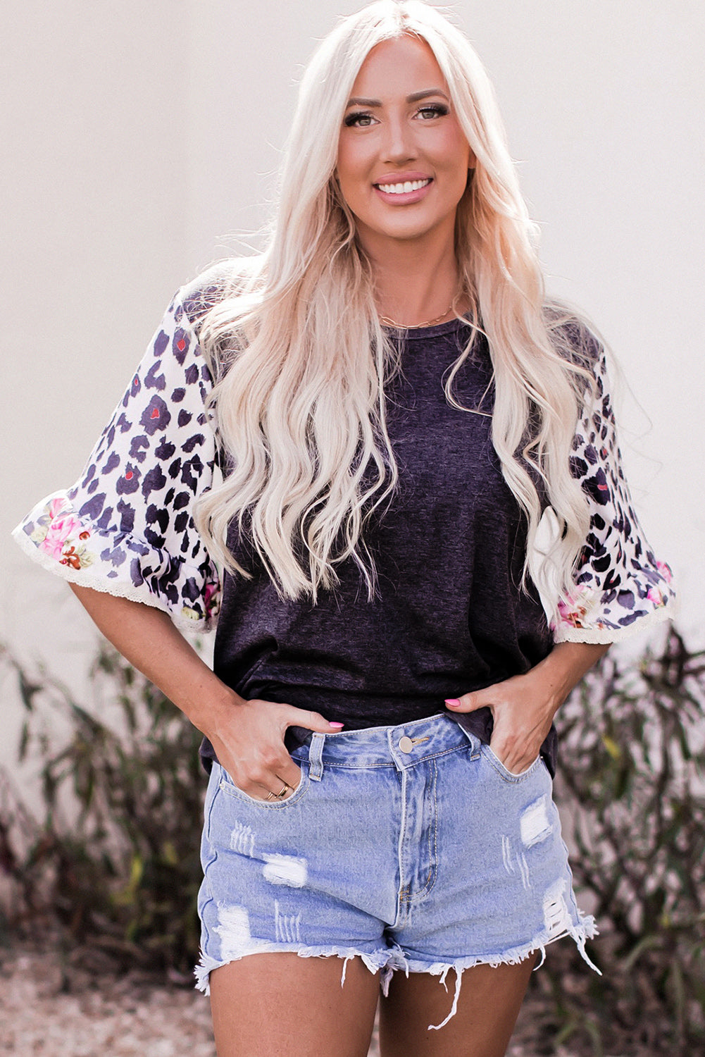 Black Ruffle Bell Sleeve Leopard Floral Patchwork Top