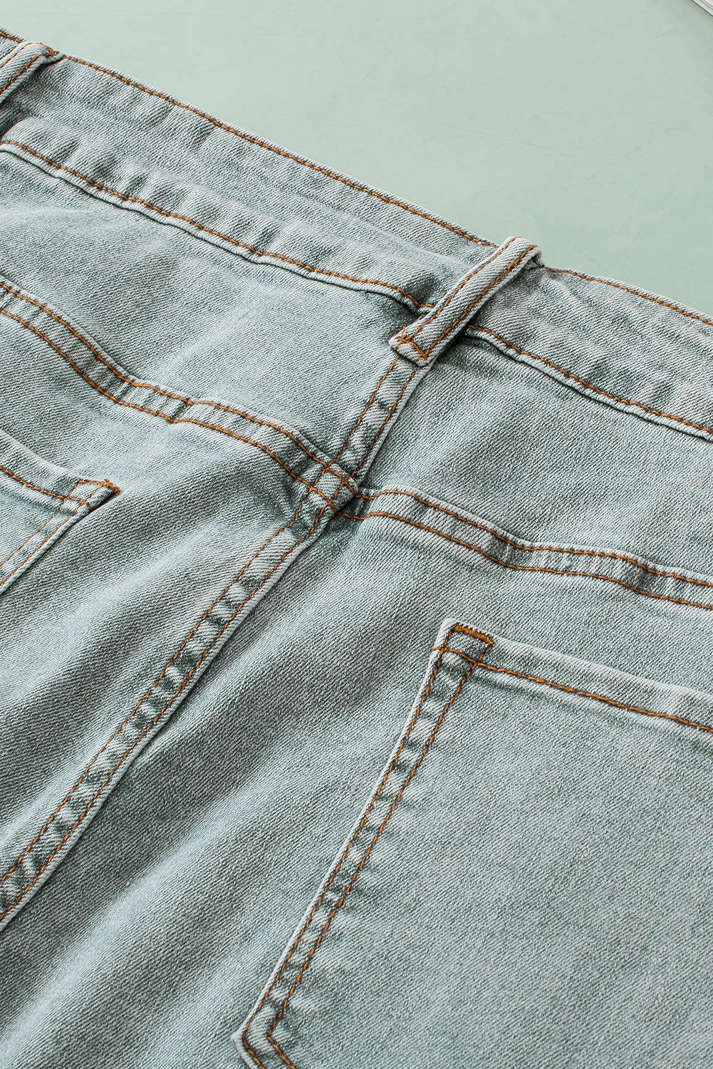 Bleu clair - Short en jean effet vieilli de grande taille à ourlet roulé