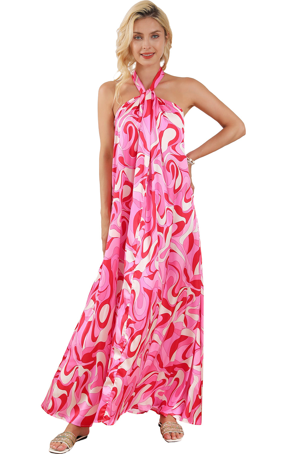 Ružičasta maksi haljina s halterima s vrtložnim printom