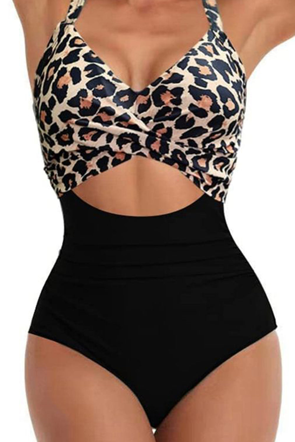 Monokini senza schienale con ritaglio incrociato bicolore leopardo nero