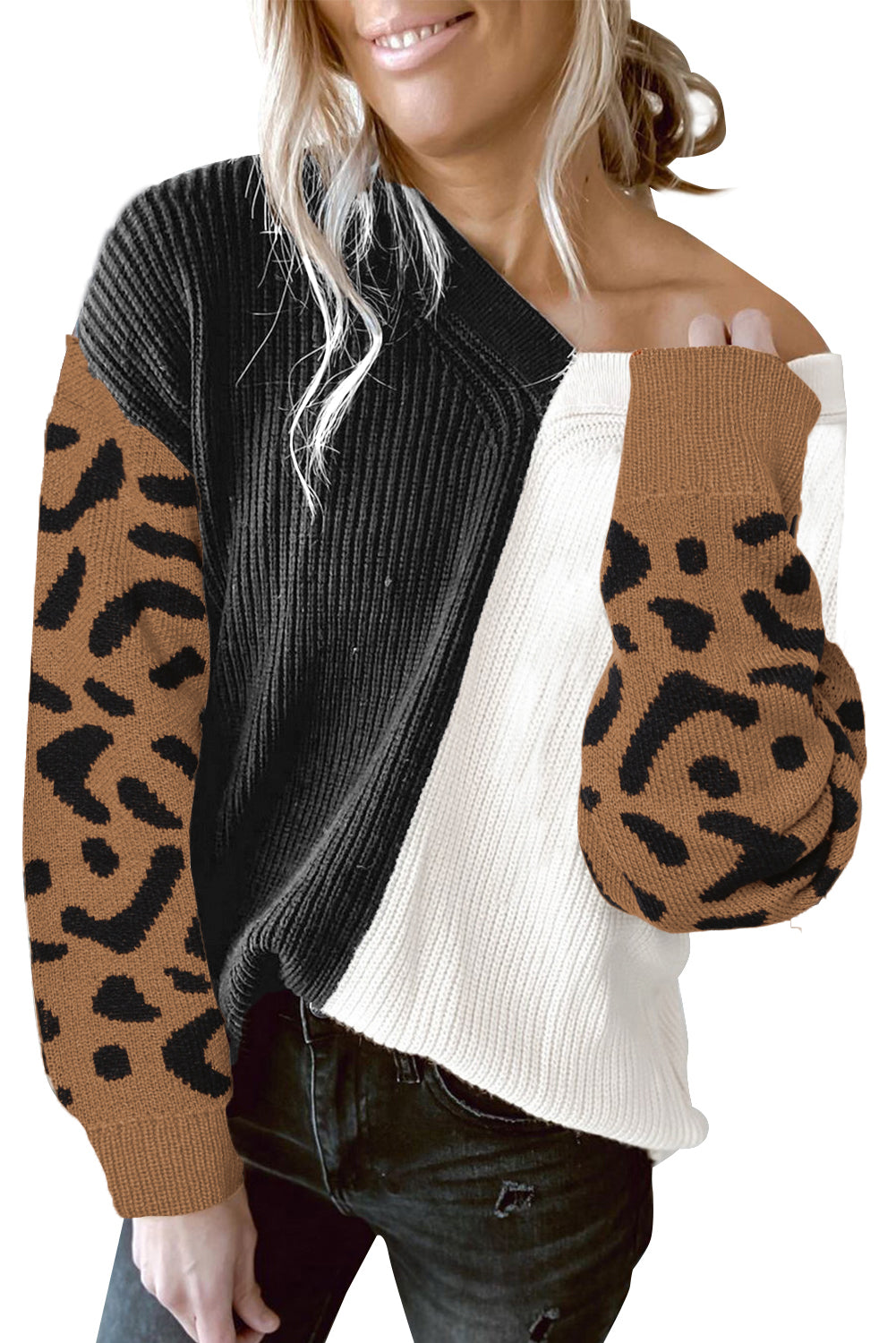 Kontrastfarbener Pullover mit V-Ausschnitt und Leopardenmuster
