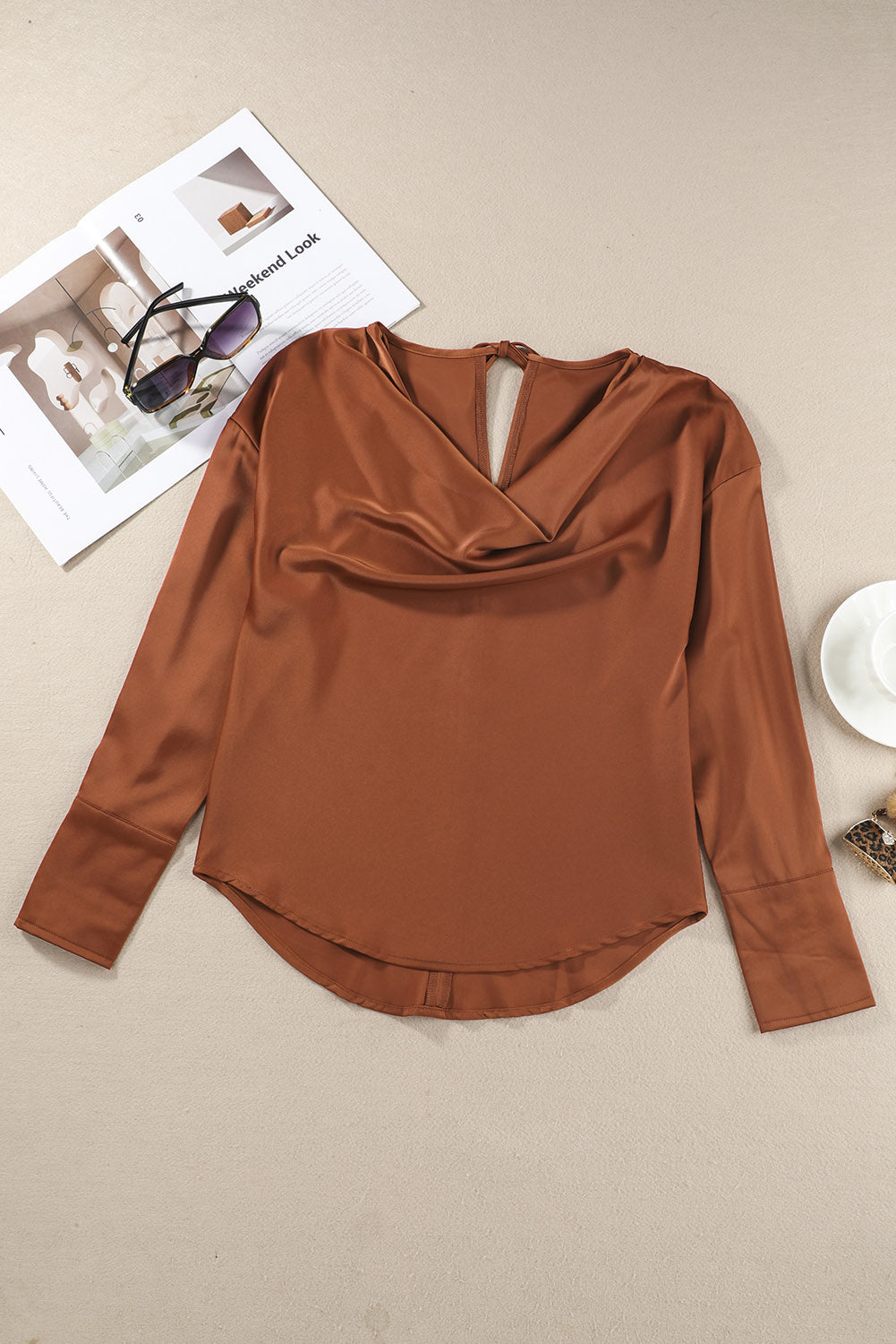 Brown Cowl Neck Long Sleeve Elegant Blouse