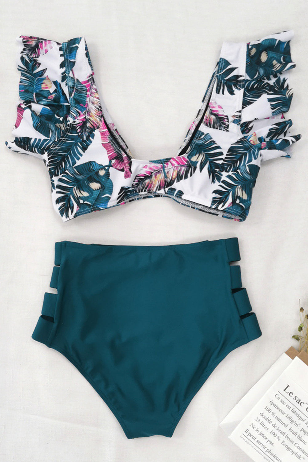 Bikini kopalke z visokim pasom in naborki na sprednji strani s cvetličnim vzorcem