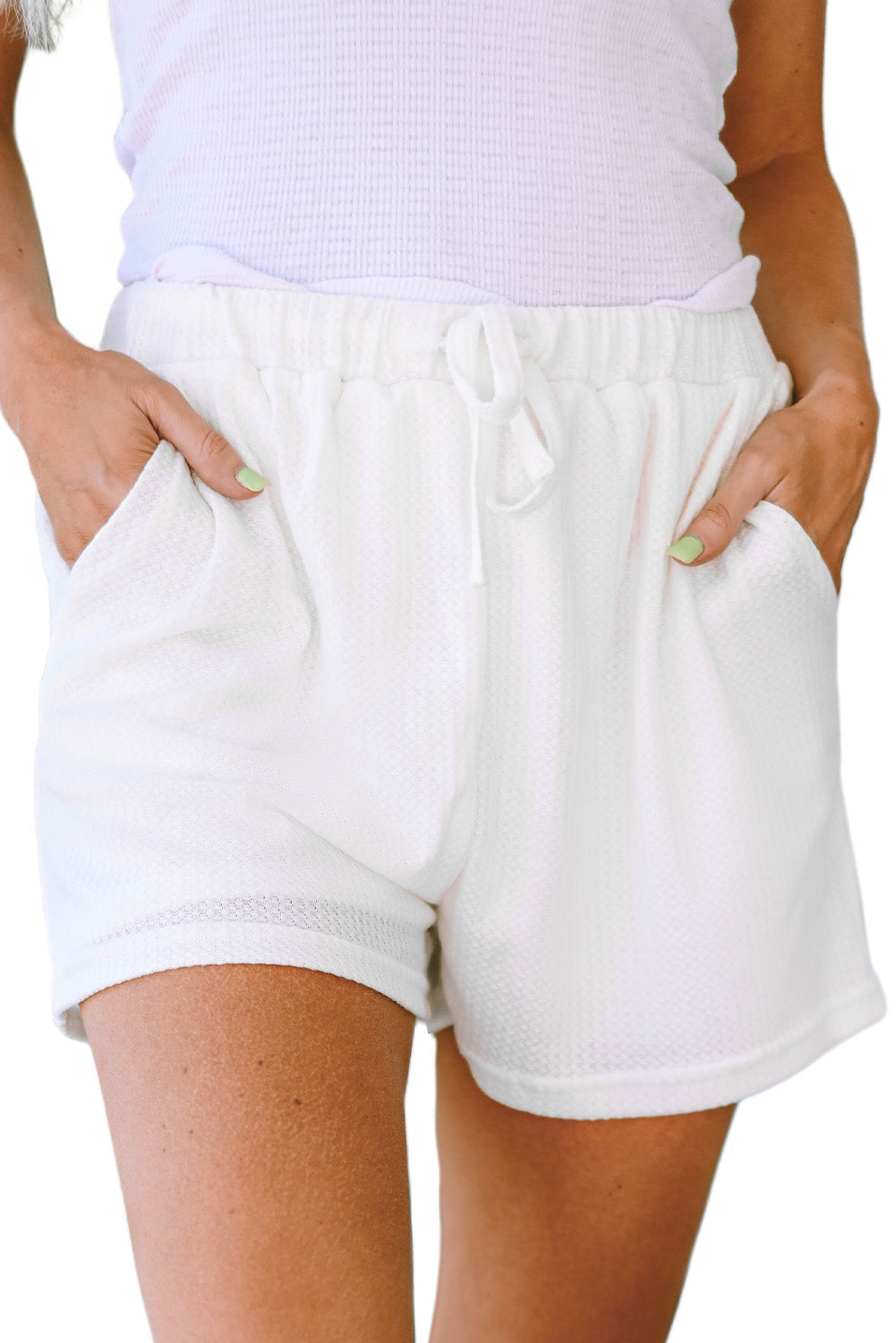 Bele vafelj pletene kratke hlače za prosti čas z visokim pasom in širokimi nogami