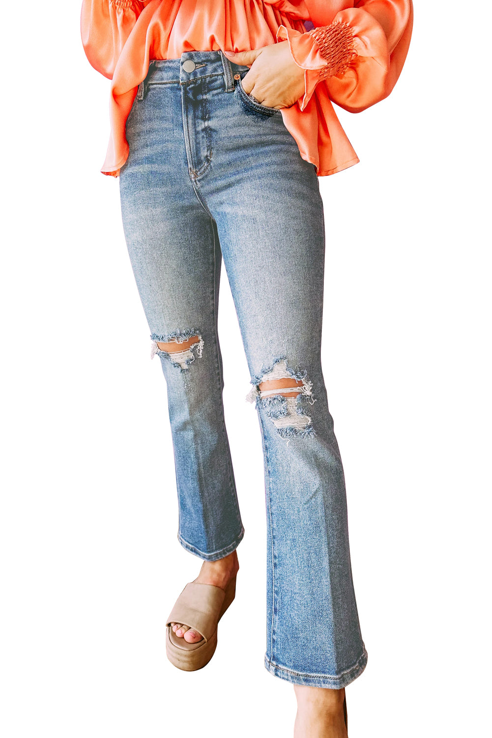 Sky Blue Distressed Ripped Flare Jeans