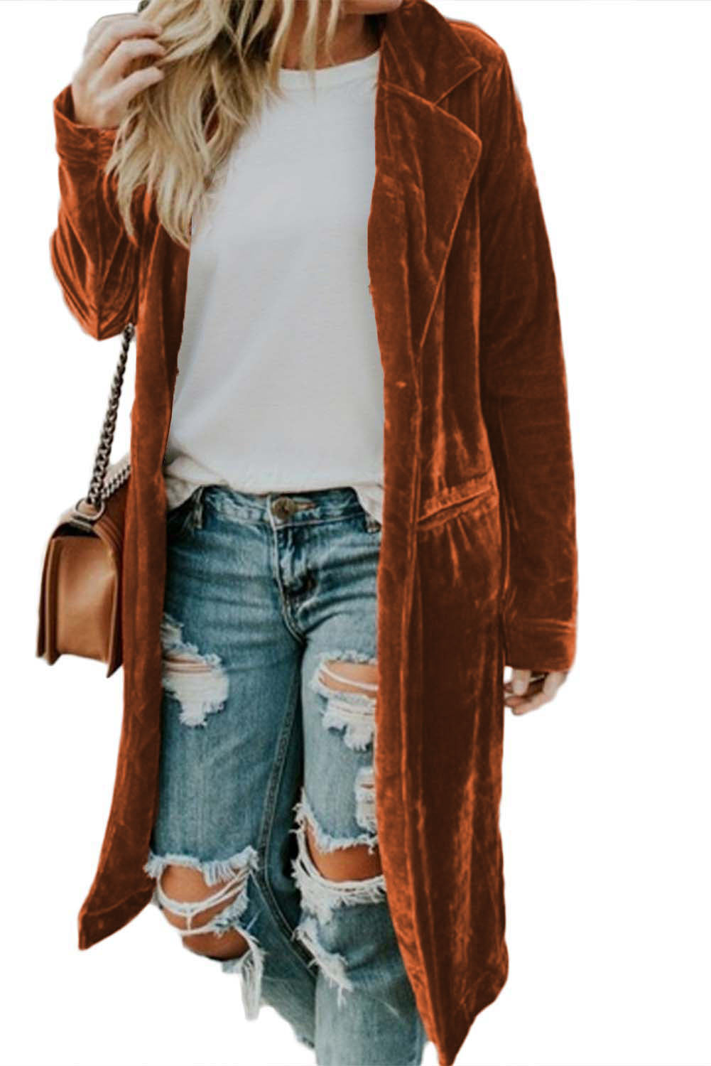 Manteau de poche à manches longues en velours rétro marron