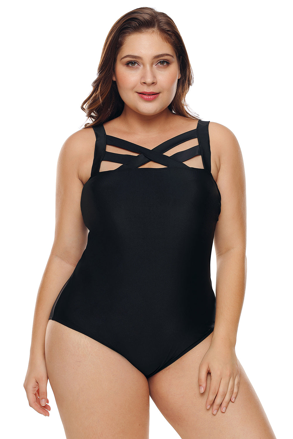 Jednobojni crni kupaći kostim Maillot veće veličine s izdubljenim vratom
