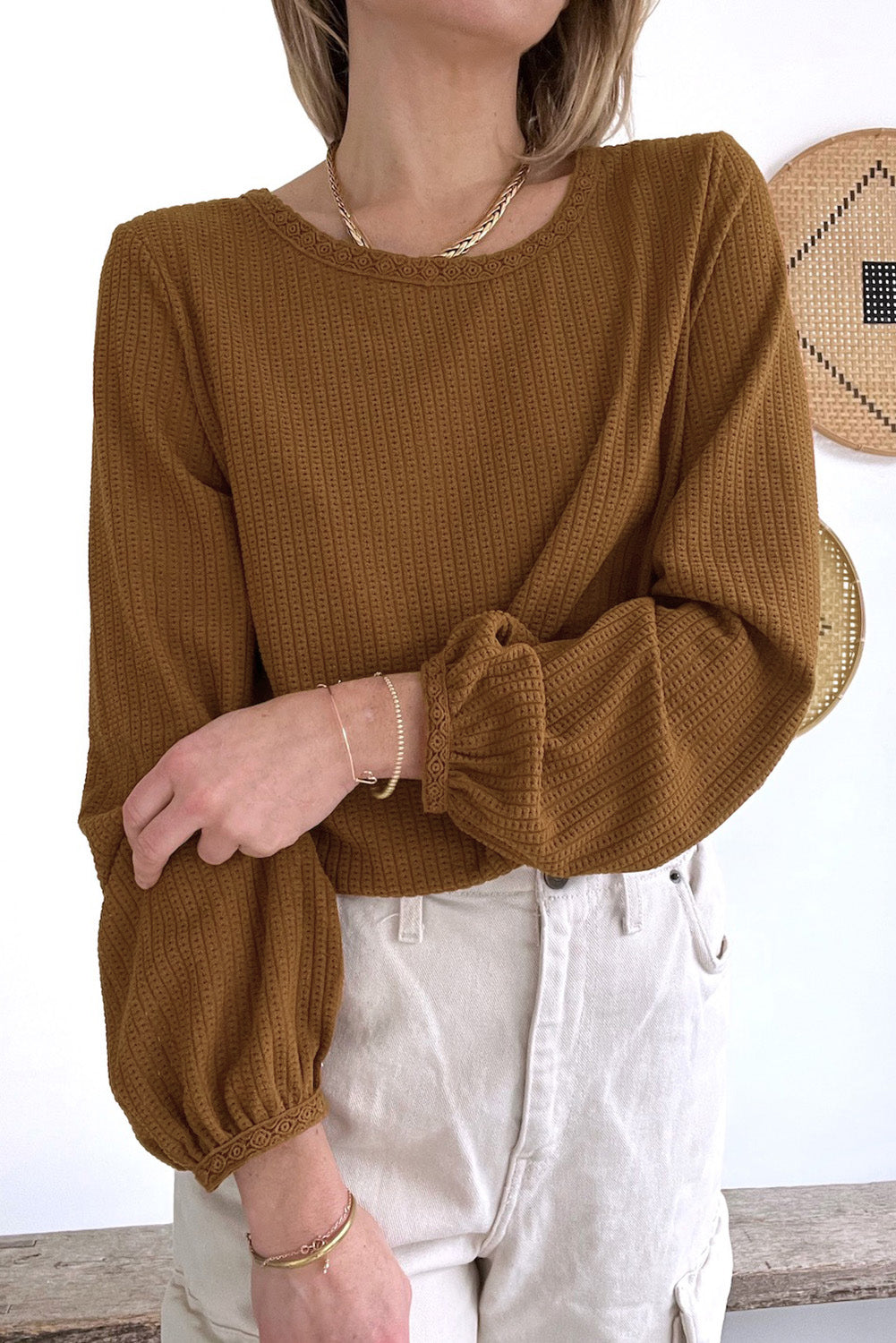 Brown Textured Round Neck Puff Sleeve Top