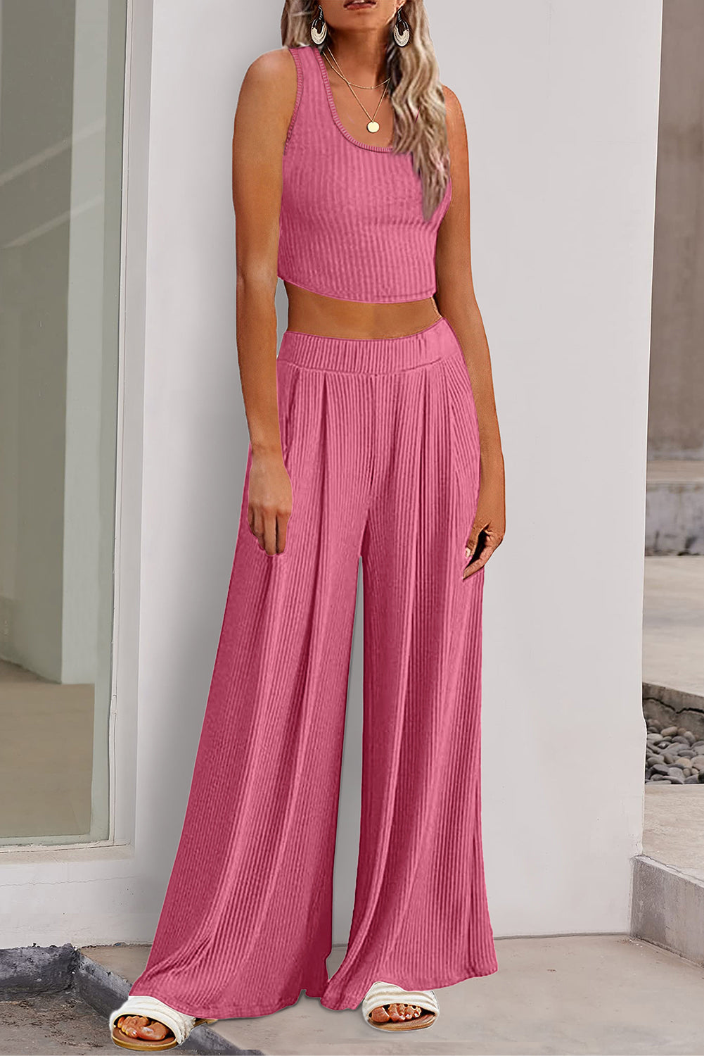 Black Textured Sleeveless Crop Top and Wide Leg Pants Outfit