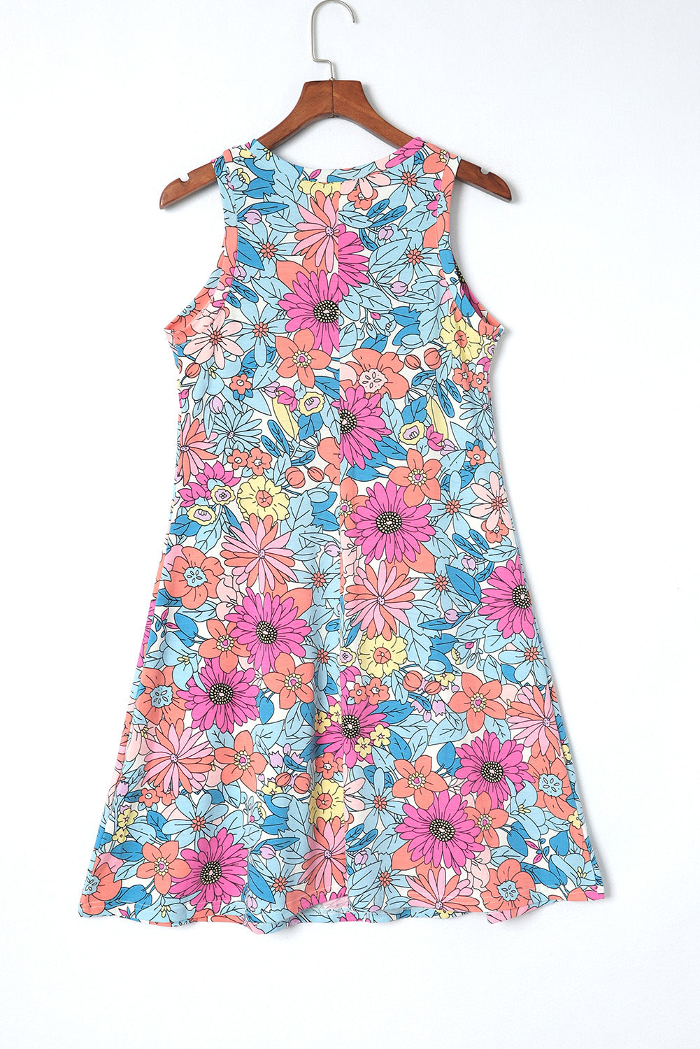 Večbarvna cvetlična mini obleka brez rokavov z okroglim izrezom