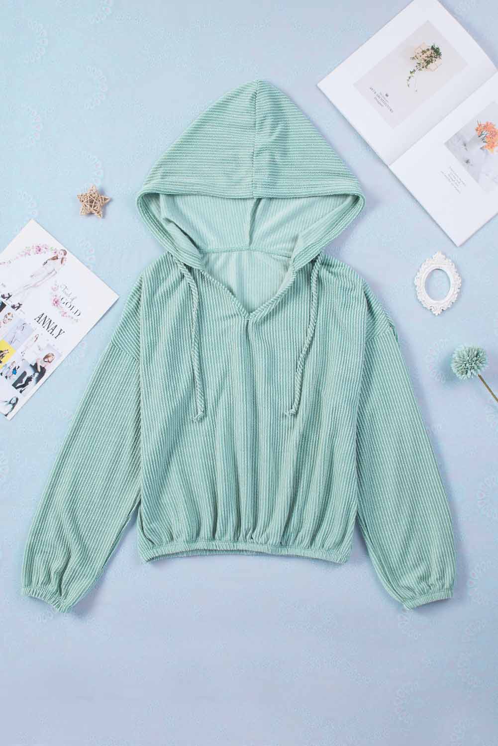 Green Loose Fit Ribbed V Neck Hoodie