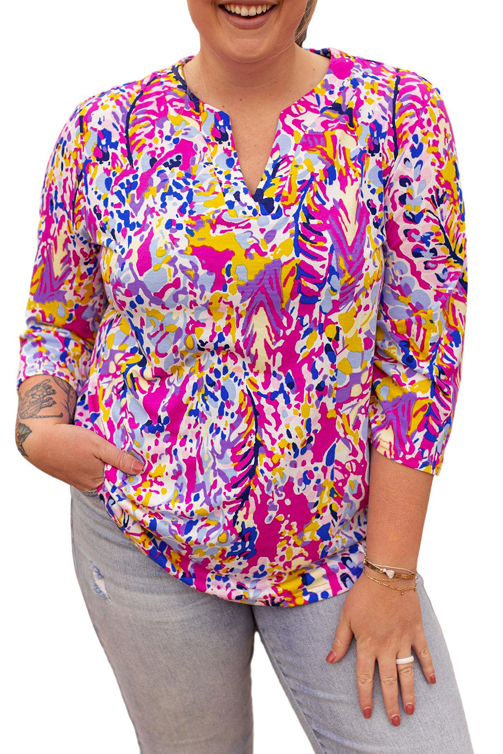 Multicolor Printed 3/4 Sleeve Split Neck Plus Size Tunic Top