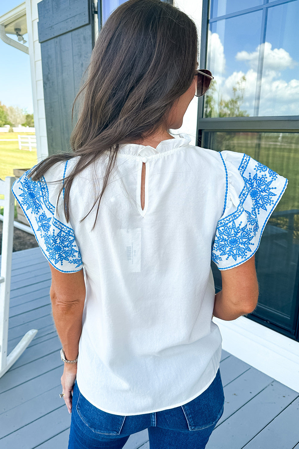 White Embroidered Ruffled Sleeve Frilled Collar Blouse