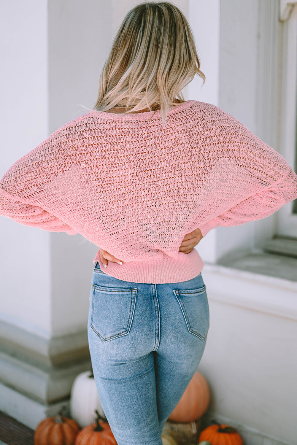 Pink Knitted Eyelets Round Neck Long Sleeve Top