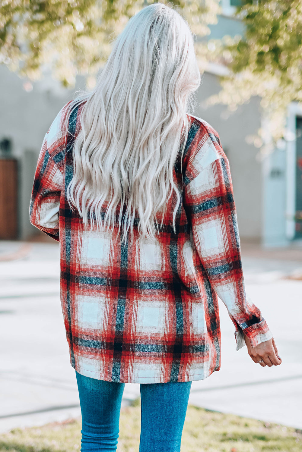 Fiery Red Turn down Neck Plaid Pocket Button Closure Coat