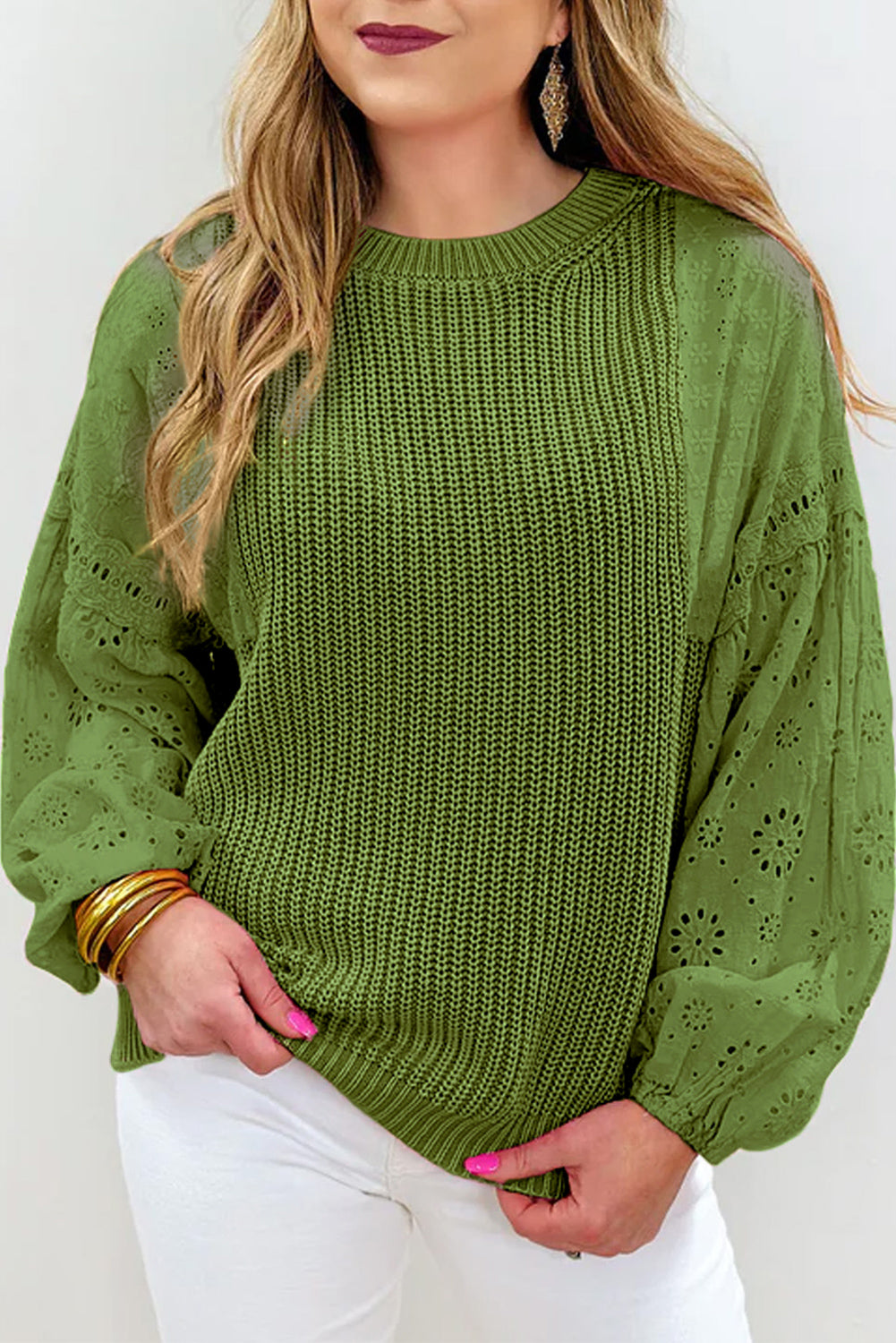 Patchwork pulover na spuštena ramena sa zelenim ušicama
