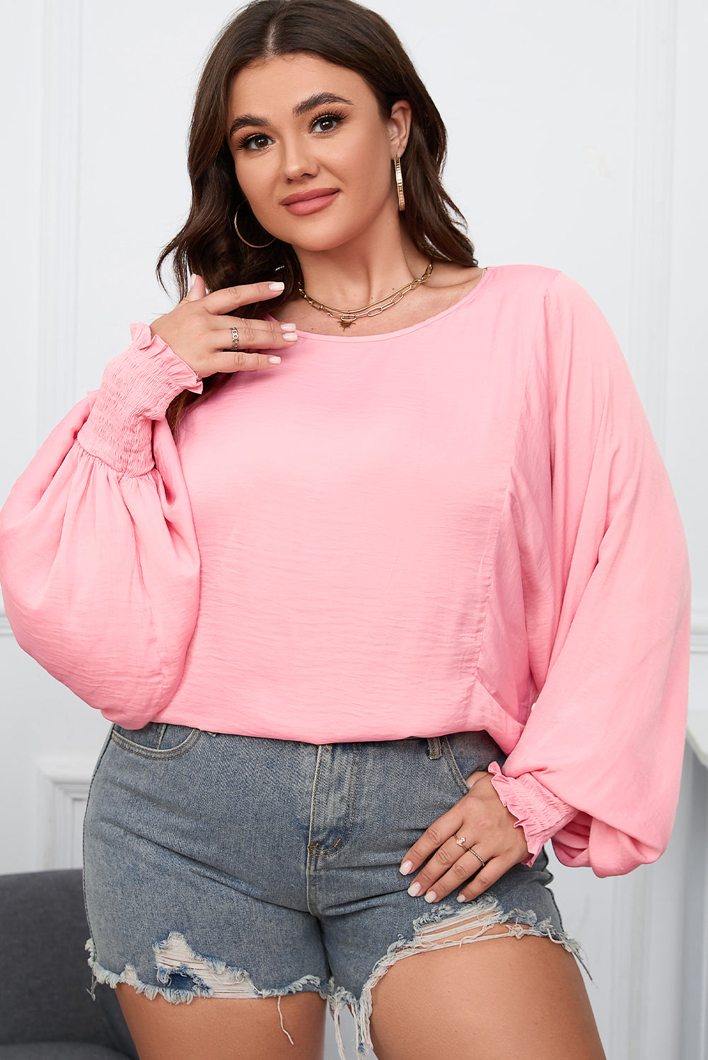 Rožnata majica z dolgimi rokavi v obliki dolmana in velike velikosti