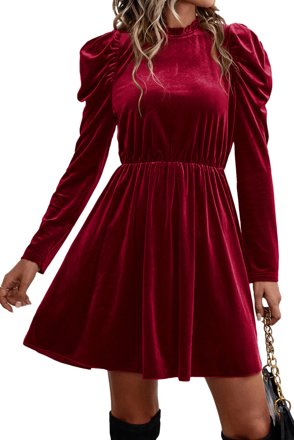 Crvena dahlia ljuljaška haljina s baršunastim ovratnikom i dugim rukavima