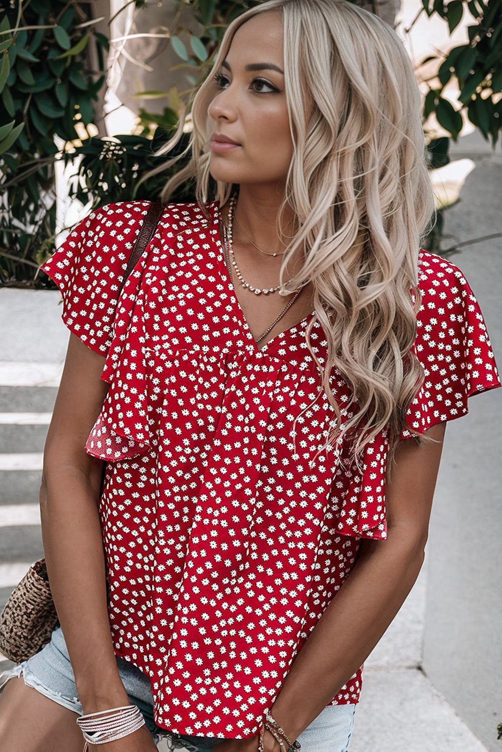 Fiery Red Floral Print Ruffle Sleeve Blouse