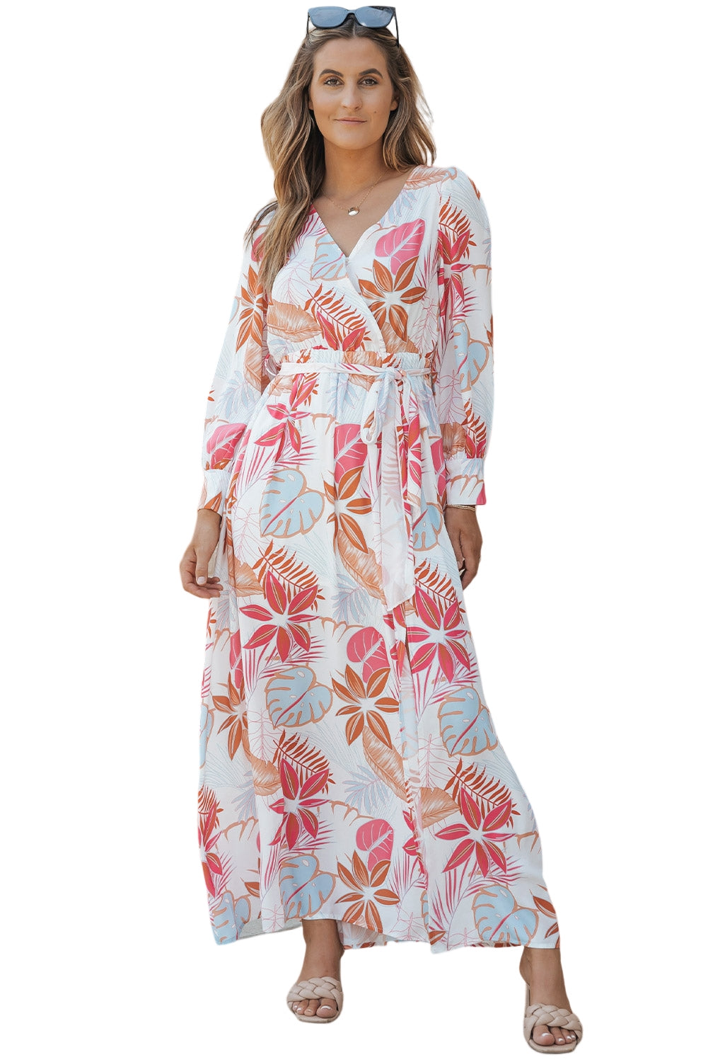 Maxi haljina s V-izrezom i prorezom s dugim rukavima s printom tropskih biljaka